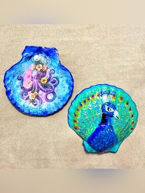 Handmade Painted Seashell Display Art Bundle Coastal Decor Free Stands
